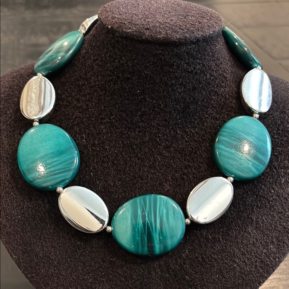 Unique Silvertone Teal Flat Beaded Costume Choker Necklace Acrylic